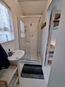 a bathroom with a shower and a sink at Petite Cottage Plett in Plettenberg Bay +17 photos