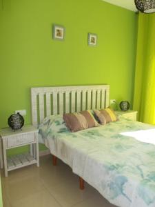 1 dormitorio con 1 cama con pared verde en Playa Sol Mediterranea, en Denia