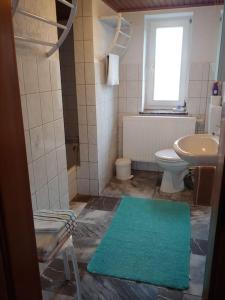 a bathroom with a toilet and a green rug at Ruhiges Ferienhaus mit viel Platz und Ladestation für E-Auto in Masserberg