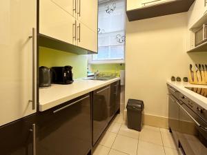 a small kitchen with a sink and a counter at Oliver's Place in Holborn - 2 Double Beds, 1 Sofa Bed, Great Location in London