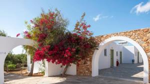 an archway with red flowers in front of a building at Parosland Hotel in Aliki