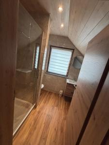 an attic bathroom with a shower and a sink at Chalet Nicole in Piesport +9 photos