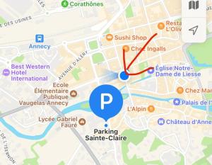 a map with a blue circle with a red line around it at La petite Venise des Alpes, Ultra centre 1 à 5 Pers in Annecy