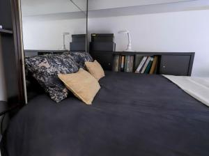 a bedroom with a bed with pillows and a book shelf at La petite Venise des Alpes, Ultra centre 1 à 5 Pers in Annecy