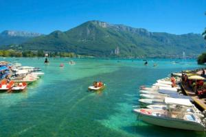 a group of boats in the water with mountains in the background at La petite Venise des Alpes, Ultra centre 1 à 5 Pers in Annecy
