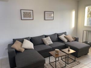 ein Wohnzimmer mit Sofa und Tisch in der Unterkunft Maison Familiale et chaleureuse ALBI in Lescure-dʼAlbigeois