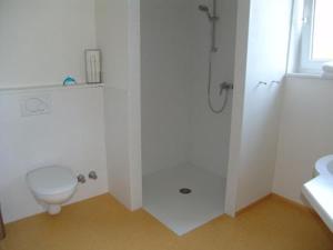 a white bathroom with a shower and a toilet at Hotel Pension Futterknecht in Burgau