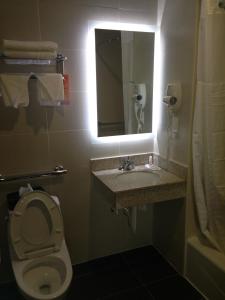 a bathroom with a toilet and a sink and a mirror at Rockaway Hotel in Brooklyn