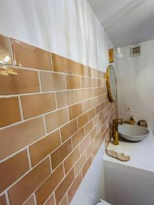a bathroom with a sink and a mirror at La Toulousaine 