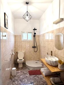 a bathroom with a toilet and a tub and a sink at Chambre Djaou meublée Voidjou in Batsa