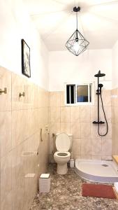 a bathroom with a toilet and a bath tub at Chambre Djaou meublée Voidjou in Batsa