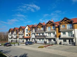 szereg budynków apartamentowych z samochodami zaparkowanymi na parkingu w obiekcie Apartament Wyspiański w mieście Sanok