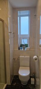 een badkamer met een wit toilet en een raam bij Luxury Apartment Paper in Zagreb +8 foto's