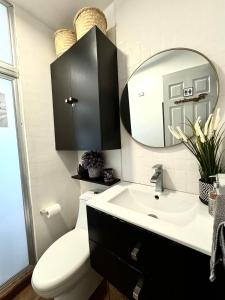 ein Badezimmer mit Toilette, Waschbecken und Spiegel in der Unterkunft Casa YON pet friendly, Netflix,free parking, factura, high speed wifi, Amazon Prime in Municipio Cuautitlán Izcalli