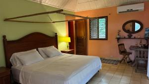 a bedroom with a bed and a table and a chair at Rustic AC Oasis on Ometepe Island in Santa Cruz