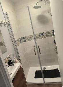 a shower with a glass door in a bathroom at A1 Champagne Résidence - 200 m2 14 personnes 2 toilets 4 showers - hyper centre - Chalons en Champagne in Châlons-en-Champagne