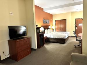 a hotel room with a bed and a flat screen tv at Sleep Inn & Suites Madison - Monona in Madison