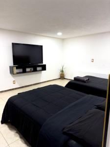 瓦哈卡市Alojamiento CARLO Y ABRIL的一间卧室，配有两张床和一台平板电视