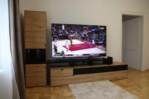 a flat screen tv sitting on top of a wooden entertainment center at DM apartman in Osijek +31 photos