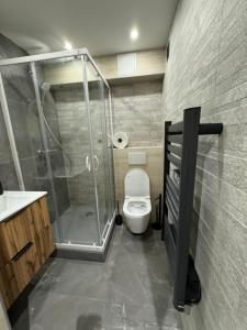a bathroom with a toilet and a glass shower at Appartement familiale Résidence Les Vans Recoin 1650 in Chamrousse +16 photos