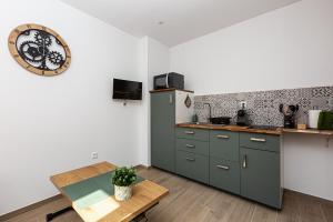 a kitchen with a green refrigerator and a table at Cosy studio au centre d'Obernai in Obernai