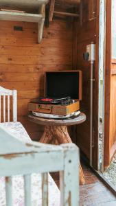 a tv and a suitcase on a table in a cabin at La Serra Sognante, casa vacanze con giardino privato tra Firenze e Fiesole in Florence