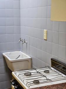 eine Küche mit Herd und Spüle in der Unterkunft Centro de Mar del Plata in Mar del Plata