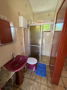 um banheiro com pia, chuveiro e vaso sanitário em Suíte Rústica em Florianópolis