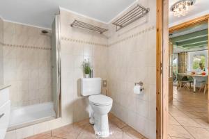 e bagno con servizi igienici e cabina doccia. di Ferienwohng Zum Garten Delve a Delve Altre 25 foto