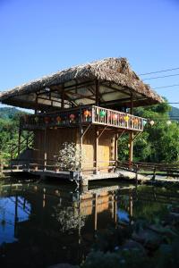 a building with a thatched roof next to a body of water at Ha Giang Loop Legends in Lan Hung