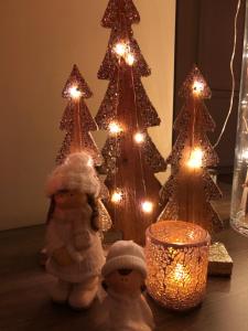 a group of christmas trees with lights on a table at Chalet Luxe in Zutendaal