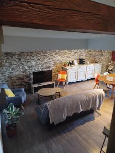 a living room with furniture and a stone wall at Chez Pauline & Vincent Côté Canal in Carcassonne