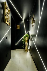 a hallway with a plant in a vase with lights at Casa Papaccio Apartment & Spa By Dimorra in Naples