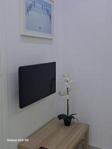 a tv on a wall with a flower on a table at AS luxury apartment in Athens