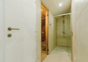 a bathroom with a shower with a glass door at Villa Stone Bliss with private Pool, near Dubrovnik in Zaton
