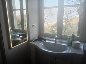 a bathroom with a sink and two windows at Casa vialardi in Brusasco +17 photos