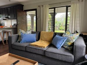 a living room with a gray couch with blue pillows at Robyns Nest Self Catering Cottage No4 in Gillitts-Emberton