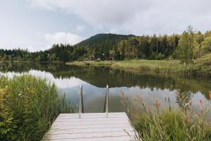 drewniana przystań nad jeziorem z górą w obiekcie Hotel Seespitz Superior - Adults Only w mieście Seefeld in Tirol