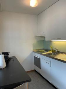 Una cocina con gabinetes blancos y una encimera negra. en Very central studio - Art 3, en Zúrich