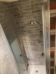 a shower in a bathroom with a brick wall at Location semaine 7 nuits du samedi au samedi Studio 20m2 cozy 4pers au pied d une piste bleu accès remontés in Valfréjus