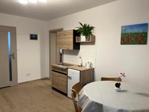 a kitchen with a table and a small kitchen with a table and a table at Cichotnia in Sorkwity