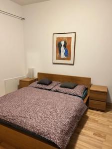 a bedroom with a bed and a picture on the wall at Apartmán Pistácia 3 Centrum in Banská Bystrica