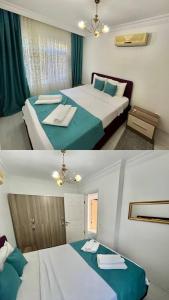two pictures of a hotel room with two beds at Manolyam suit havuzlu 2+1 in Kaş +24 photos