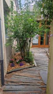 a walkway with a tree and flowers in front of a building at Les Pénates de Loire in Ancenis
