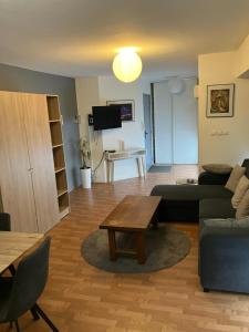 a living room with a couch and a table at Grand studio centre ville St Pierre in Cholet