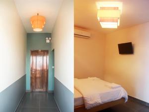 two images of a room with a bed and a hallway at Sokha Home in Bahal