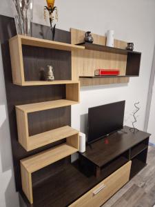 ein Wohnzimmer mit Holzregalen und einem Fernseher in der Unterkunft MP Studios in Artemida