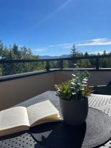 an open book on a table with a potted plant at Forest Zlatni Bor in Zlatibor +59 photos