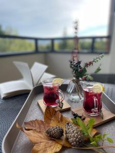 a tray with two cups of tea and leaves at Forest Zlatni Bor in Zlatibor