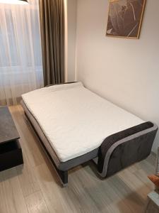 a bed in a room with a white mattress at Bruklinas in Šiauliai